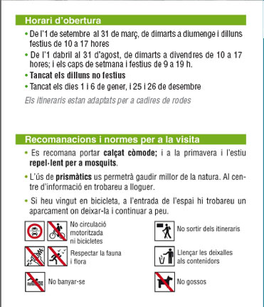 Timetable of opening hours of the Remolar-Filipines reserve of the Llobregat Delta near Barcelona